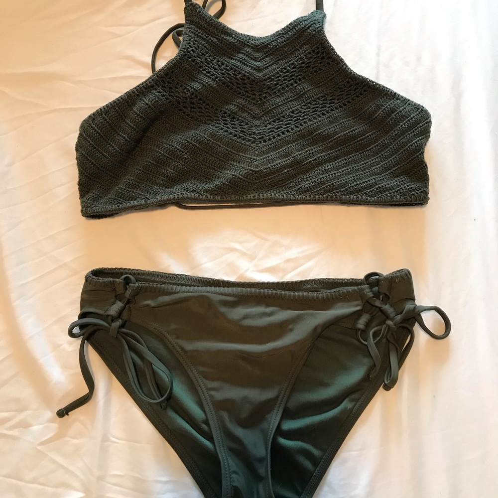 Dark Olive Green Halter Knit Bikini